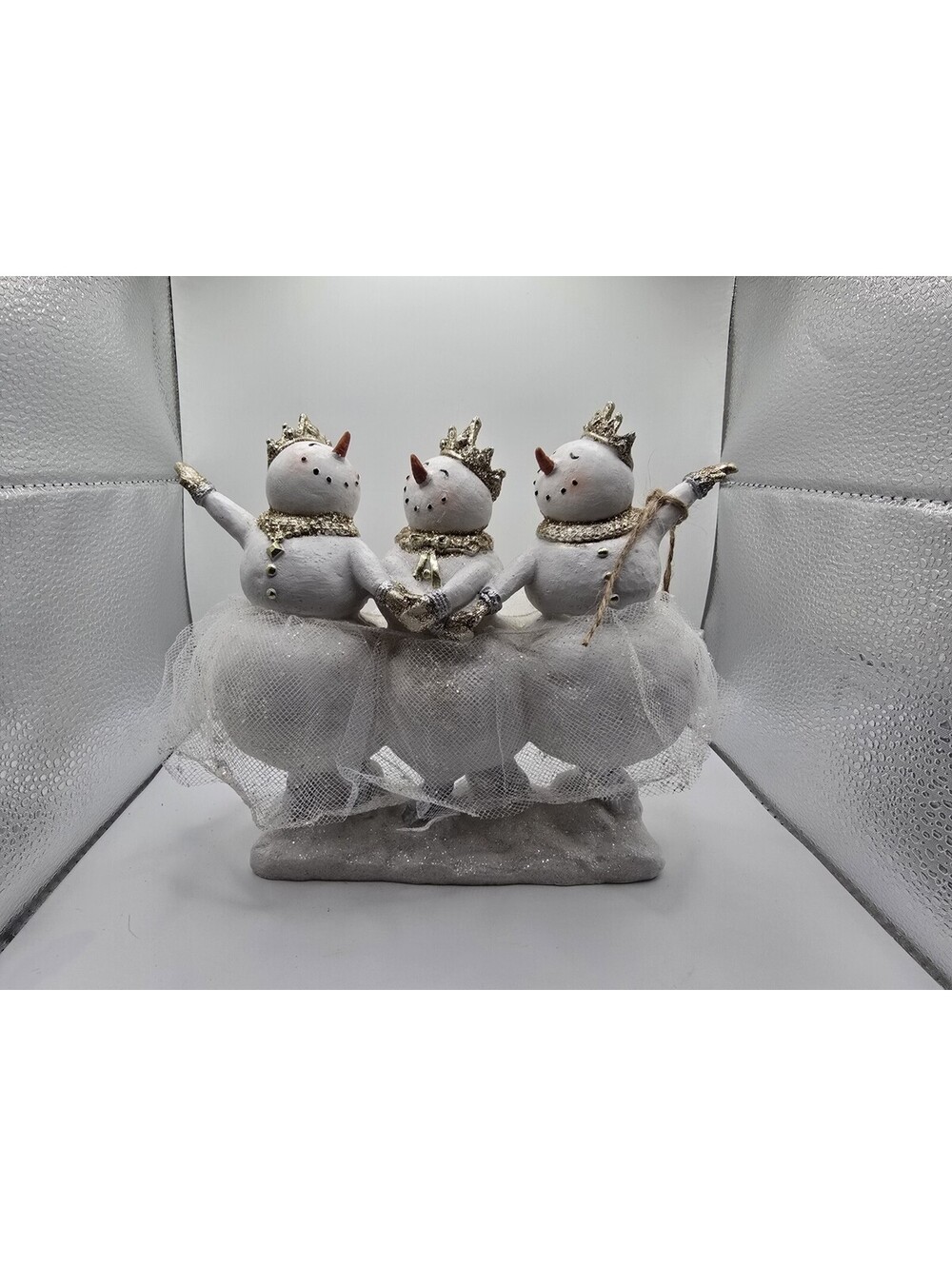 White & Gold Snowman Trio Figurine, Freestanding Seasonal Christmas Decor